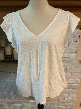 J. Crew White Dotted V-Neck Flutter Sleeve Blouse